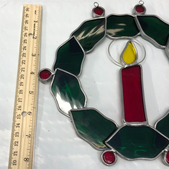 Vintage Handmade in the USA Stained Glass Wreath with Candle - Picture 4 of 4